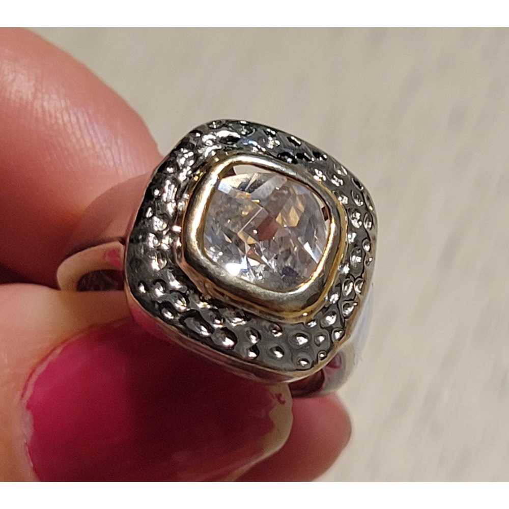 Silver 18K gold electroplated Gold-Tone Bezel Solitaire Ring 5.5 - Read